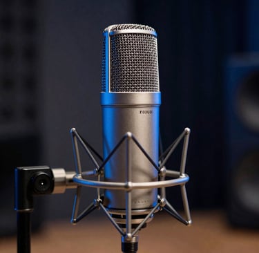 Close-up photography of a high-end studio microphone in a professional Spanish recording studio. The lighting is moody and sophisticated with dark navy and steel blue highlights, emphasizing the metallic textures and technical precision of the equipment.