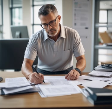 Photo of a professional  middle-aged man reviewing documents in a modern office setting.