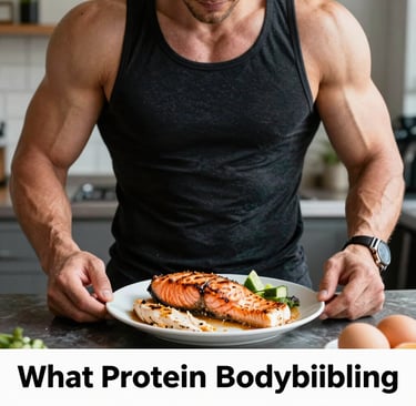 Muscular man preparing a high-protein bodybuilding meal with grilled salmon, chicken breast, and eggs.