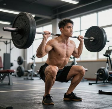 Muscular bodybuilder performing heavy barbell squats in a gym for leg strength training.
