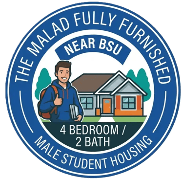 "Fully furnished 4-bedroom male student housing rental near Boise State University (BSU)."