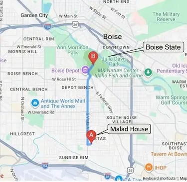 Map showing the direct route north on South Vista Avenue from Malad House to the Boise State University campus.