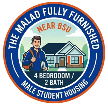 "The Malad: Fully furnished 4-bed, 2-bath male student housing near BSU. Logo featuring a student and house illustration."