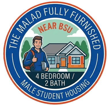 "The Malad: Fully furnished 4-bed, 2-bath male student housing near BSU. Logo featuring a student and house illustration."