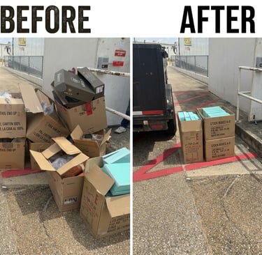Before and after comparison of organized shipping boxes on a warehouse loading dock.junk-removal-new