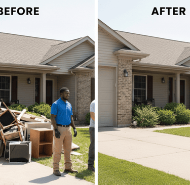 Before and after professional junk removal service clearing old furniture and a mattress from a home driveway