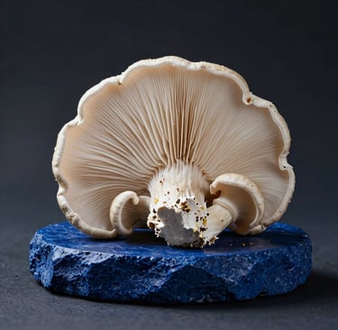 Premium studio photograph of clean organic Lion's Mane mushroom resting on a sleek deep blue stone pedestal, high contrast scientific presentation.