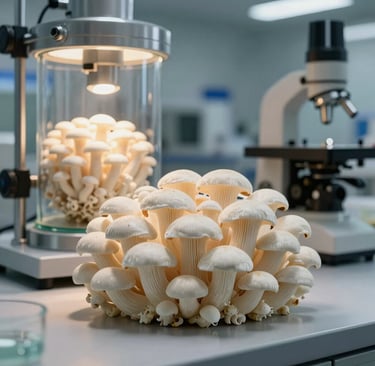A sophisticated setup of fresh Lion's Mane mushroom alongside sleek glass lab equipment, captured with crisp clinical focus and warm, clinical lighting in a professional North American science facility.