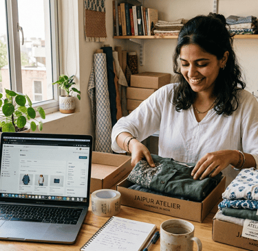 Fashion startup founder packing small batch clothing order from low MOQ manufacturer in India