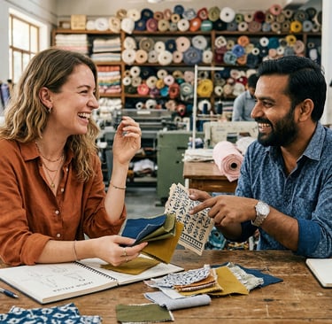 B2B fashion brand founder meeting clothing manufacturer in India for private label clothing production partnership