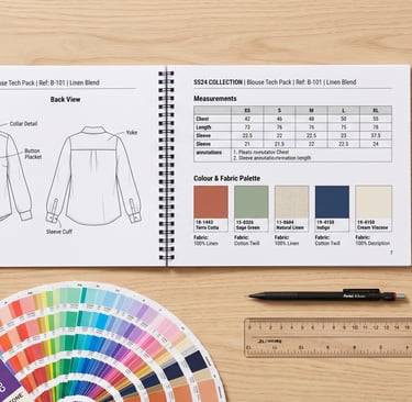 What is a clothing tech pack — technical package document for garment manufacturing with measurement spec sheet and swatches
