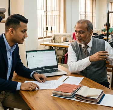 How to vet a clothing manufacturer India — brand founder conducting due diligence meeting with Indian garment manufacturer