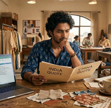 Fashion startup founder comparing India vs China clothing manufacturer quotes for low MOQ private label sourcing decision