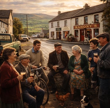 A multigenerational group of local residents enjoys drinks outside a traditional Irish village pub at sunset.