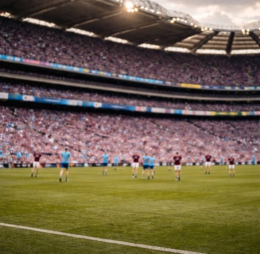 Blurred view of a hurling match in a packed Croke Park stadium with fans in the stands.