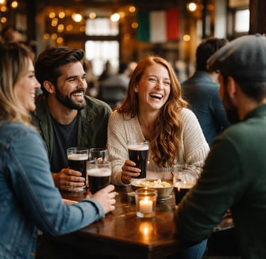 Friends laughing and drinking craft beer at a cozy Italian pub with warm lighting.