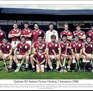 The 1988 Galway All-Ireland Senior Hurling Champions team portrait posing on the pitch with hurley sticks.