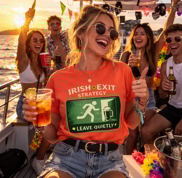 A group of friends partying on a sunset boat cruise with a woman wearing an Irish Exit Strategy shirt.