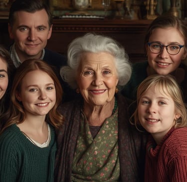 A smiling multi-generational Irish family portrait featuring an Irish Mam and her grandchildren.