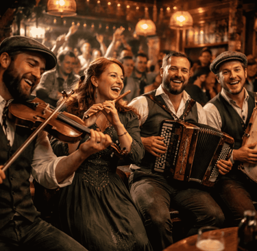 Live Irish folk band playing fiddle and accordion at a lively traditional pub music session.