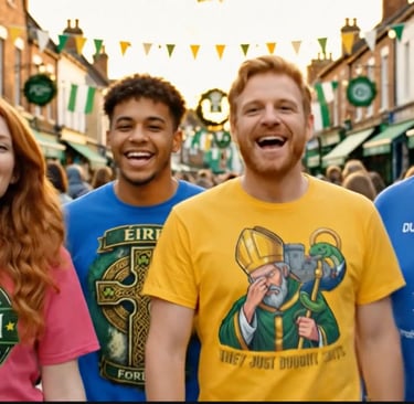 Diverse friends celebrating St. Patrick's Day in Dublin wearing festive Irish t-shirts.