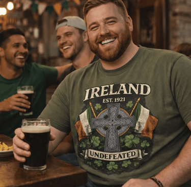 Smiling man in an Ireland graphic t-shirt holding a pint of dark beer at a pub.