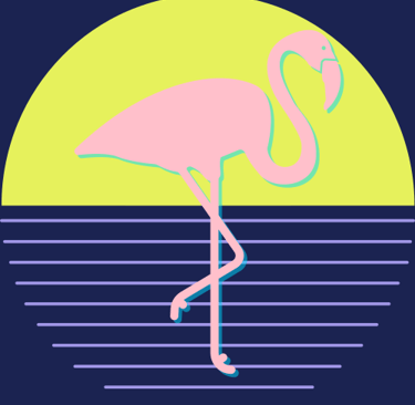 a flamingo standing in the water with a sun setting