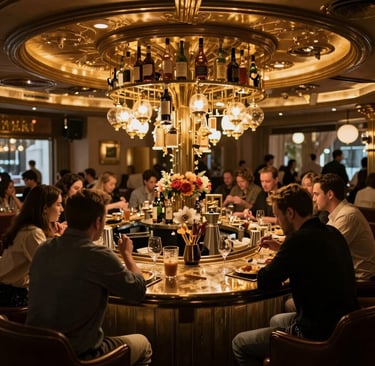Cozy dimly lit bar interior with wooden accents and elegant seating