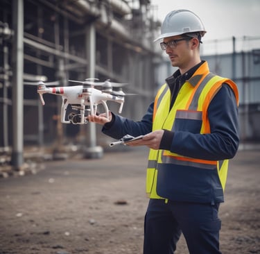 Technician monitoring drone data on a tablet in the field near power lines.
