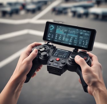 Operator controlling a drone remotely with a tablet, monitoring live video feed of infrastructure