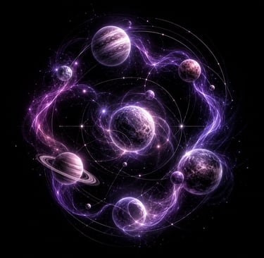Digital art of a stylized solar system with purple cosmic energy orbits and detailed planets.