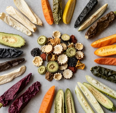 Colorful dried vegetable chips including beetroot, carrot, and zucchini on natural fabric