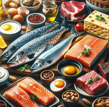 a variety of foods and vegetables including fish, eggs, and other foods
