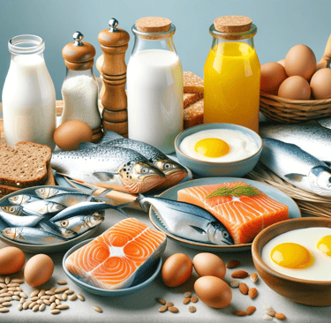 a table with eggs, milk, milk, milk, eggs, milk, milk