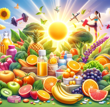 a variety of fruits and vegetables in a sunny day