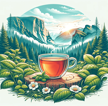 a cup of tea with a mountain view