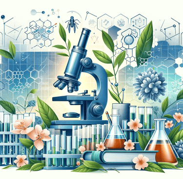 a microscope and some laboratory equipment with flowers