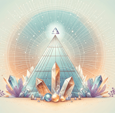 a pyramid with crystals and crystals on a blue background
