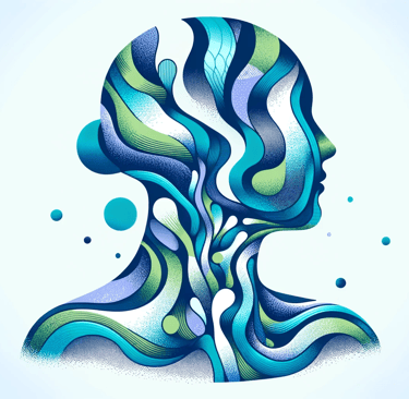 a woman's profile with a blue and green abstract design