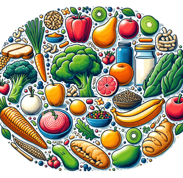 a circle of food items with a blue background