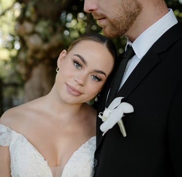 a bride and groom standing next to each other