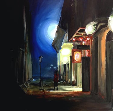 a painting of a person walking down a street at night