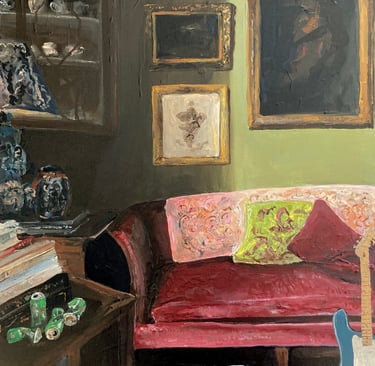 a painting of a couch with a guitar in the background