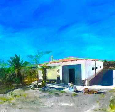 a painting of a house with a lion laying on the ground