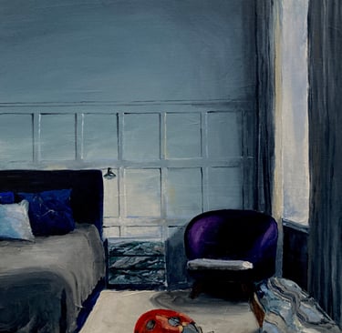 a painting of a bedroom with a bed and a chair and ladybird