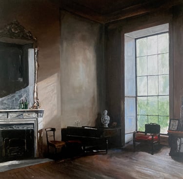 a painting of a living room with a piano and fireplace