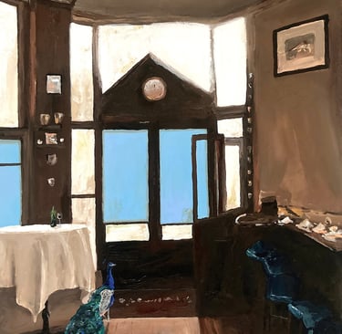 a painting of a peacock standing in the restaurant