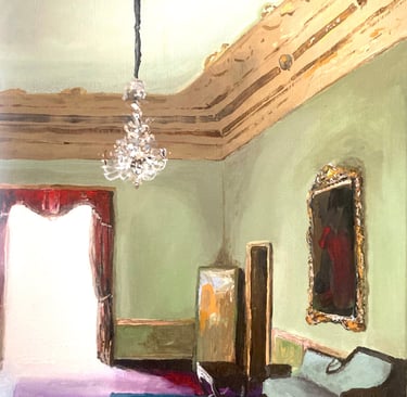 a painting of a dog and cat in a room