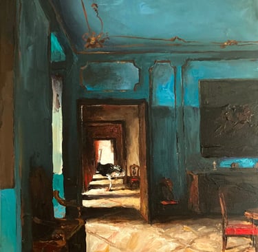 a painting of a room with a table and chairs and ostrich