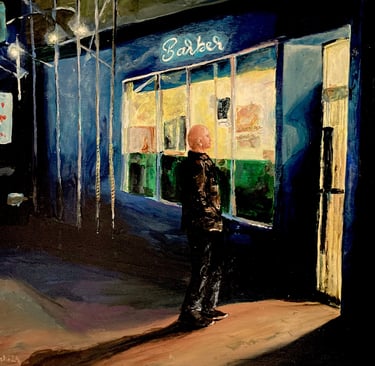 a painting of a bold man standing in front of a barber store